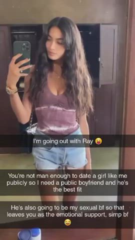 You're not man enough to be publicly dating/fucking your gf so she found a proper