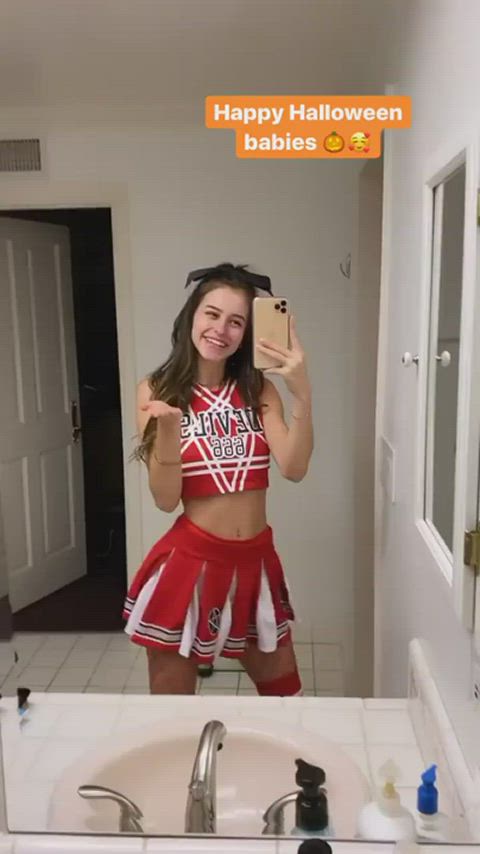 amateur barely legal brunette cheerleader costume cute french knee high socks model