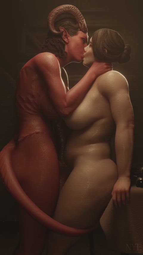 animation demon fantasy french kissing kiss kissing lesbian lesbians yuri gif
