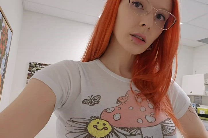 big tits boobs bouncing tits glasses milf redhead sfw t-shirt tits gif