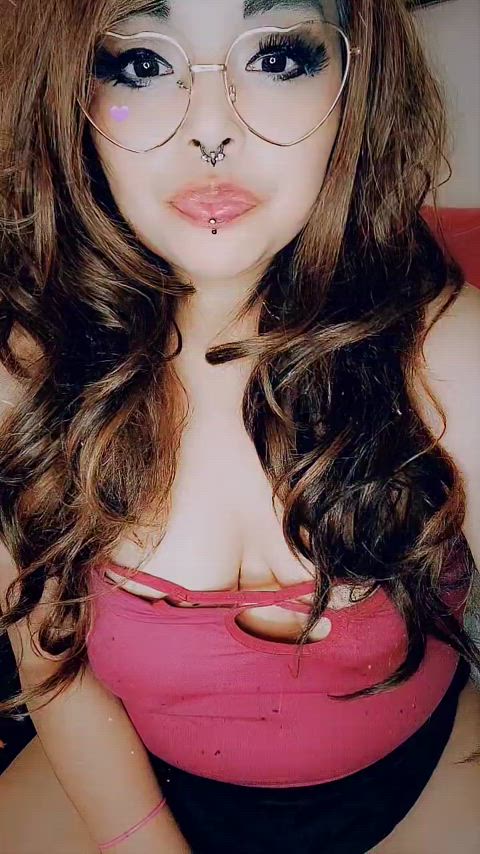 big eyes brunette dirty talk glasses lips burping gif