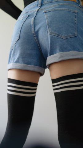 ass femboy jean shorts knee high socks sissy stripping striptease femboys gif