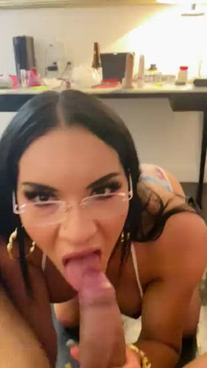 Blowjob Close Up Cute Glasses Nathaly Cherie POV Trans gif