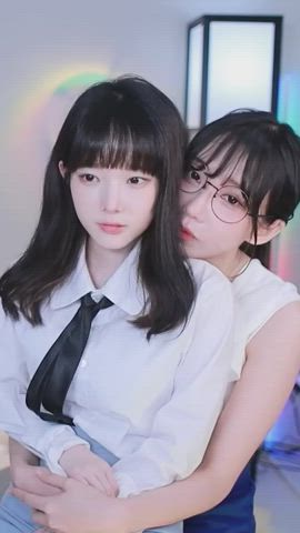 asian cute glasses korean lesbian model smelling gif