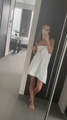brunette petite selfie strip tease teasing teen towel undressing gif