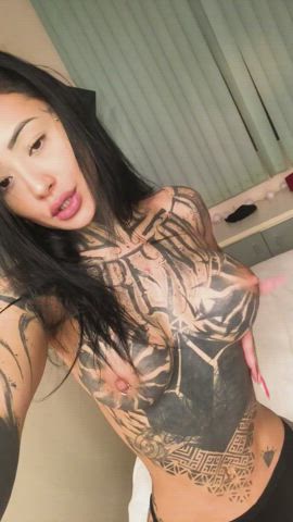 boobs nipple piercing squeezing hot-girls-with-tattoos gif