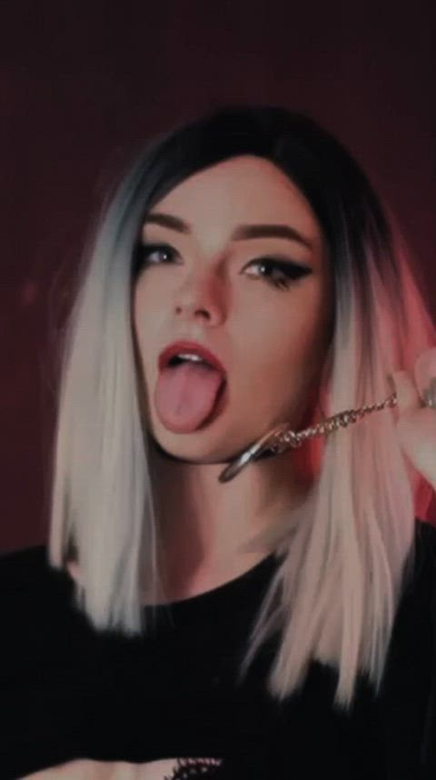 ahegao blonde choker choking cute tiktok tits tongue tongue fetish white hair gif