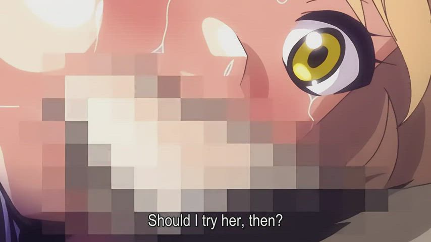 ahegao animation anime blonde blowjob cum in mouth eye contact gangbang hentai gif