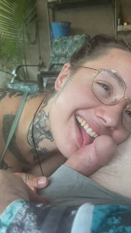 Blowjob Cute Glasses Shorts Tattoo Throat gif