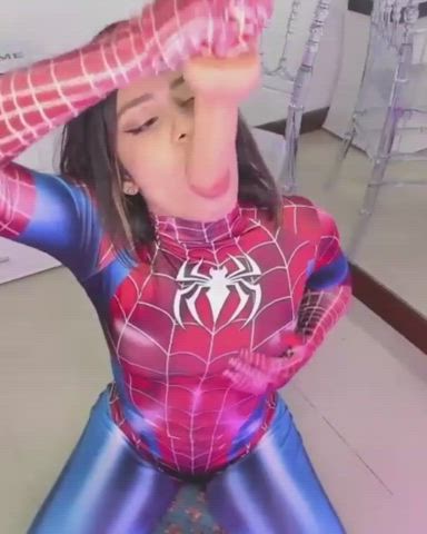 ahegao babe brunette cosplay dildo distension gagging latina throat fuck gif