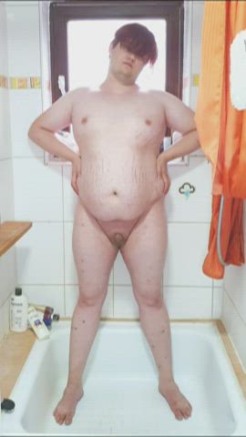 chubby golden shower pee peeing penis piss pissing shower trans gif