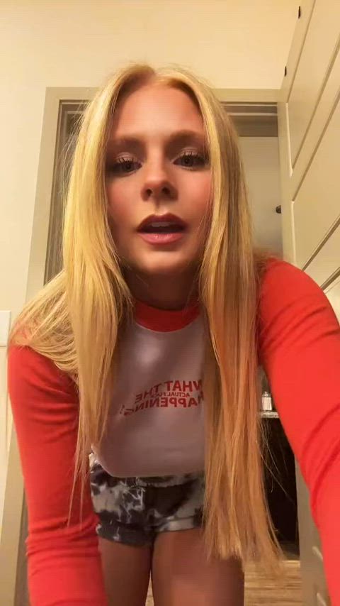 blonde dress dressing room tits gif