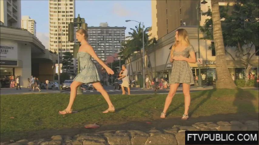 blonde flashing outdoor public twins upskirt gif