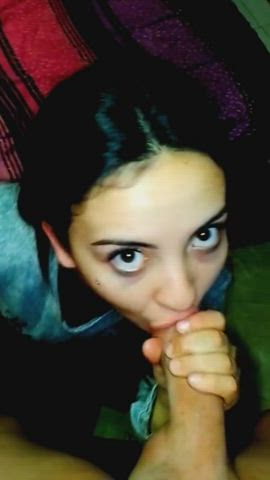 brunette cumshot cute eye contact facial latina pov pierced vertical gif