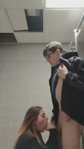 amateur bathroom blowjob cumshot handjob kissing public real couple schoolgirl gif