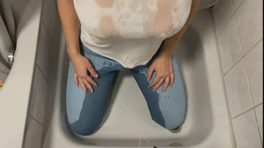 Pee on my tits! Clothed pissing in the shower