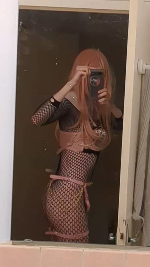 bbc slut bdsm boobs chastity collar collared fishnet goth lingerie sissy cucked gif