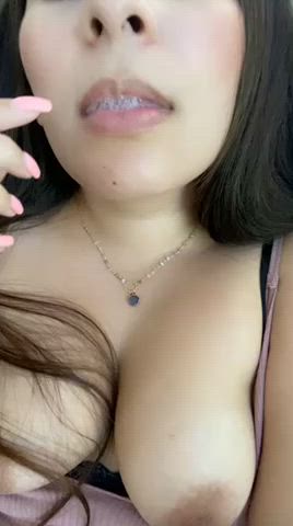 exposed girlfriend nipples small tits spit tease gif