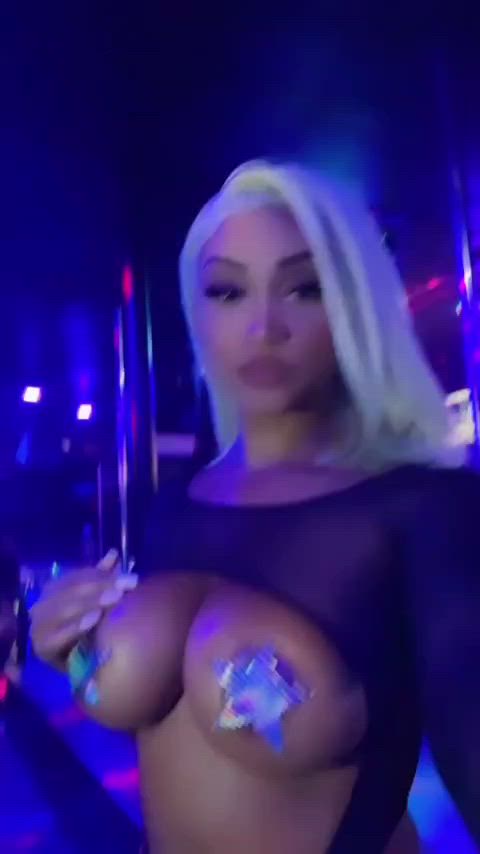 big tits bodysuit ebony fishnet pasties slut stripper transparent-clothing gif