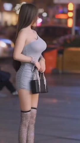 asian big tits cleavage dress high heels legs pretty sfw stockings gif