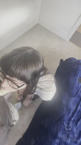 amateur bdsm blowjob face slapping glasses latex gloves lesbian strap on trans gif