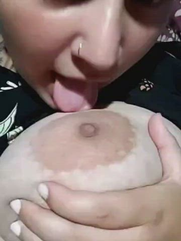 Big Tits Licking Nipple gif