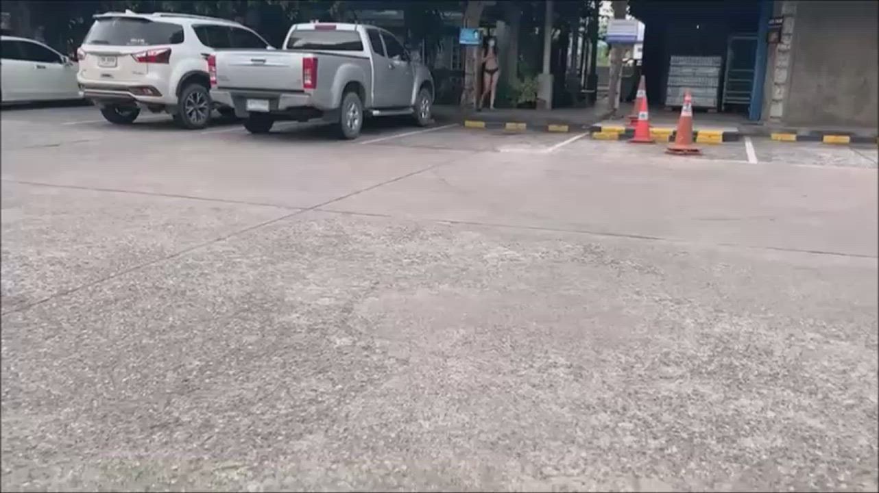 Trashy sheer outfit at the gas station