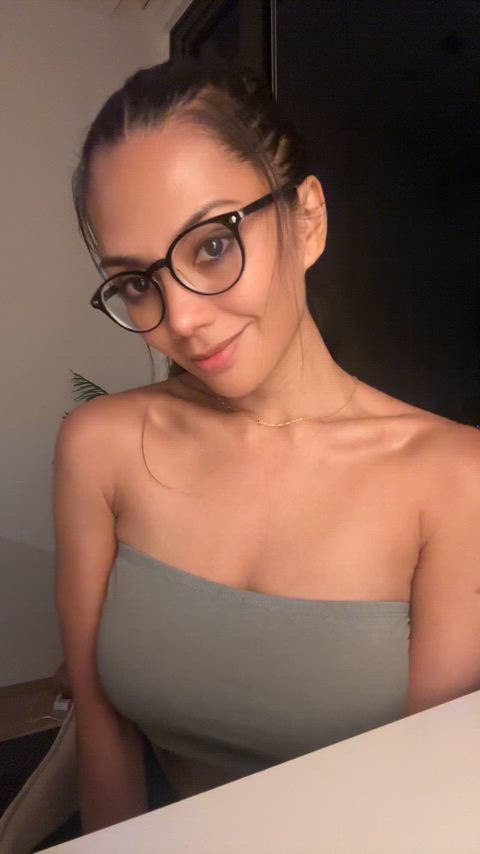 asian braless glasses milf tease gif