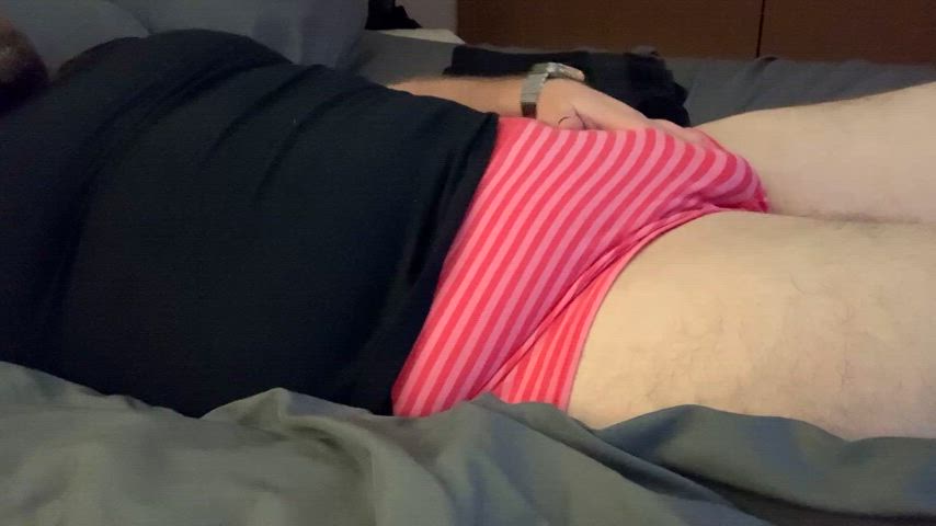 Chubby sissy wetting panties and pissing in bed