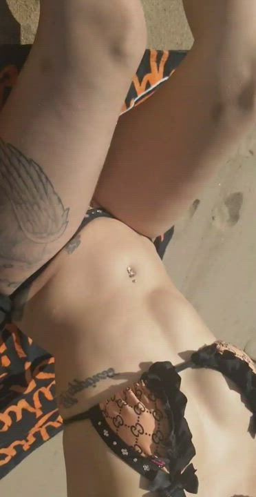 Beach Flashing Natural Tits Public Tattoo gif