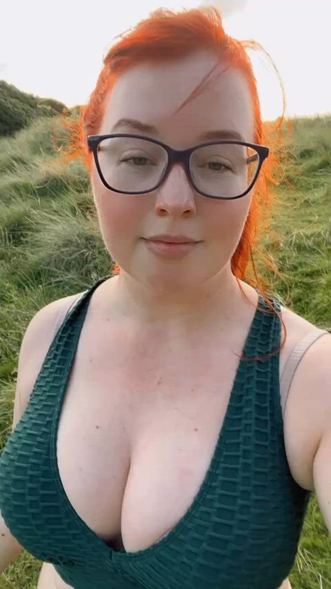 boobs bouncing bouncing tits cleavage milf natural tits outdoor redhead tits walking