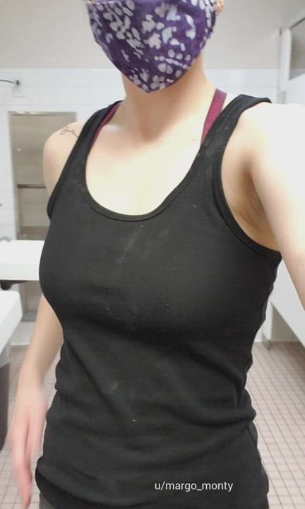 Playing with my tits in the gym bathroom makes me so horny! I need a gym buddy who