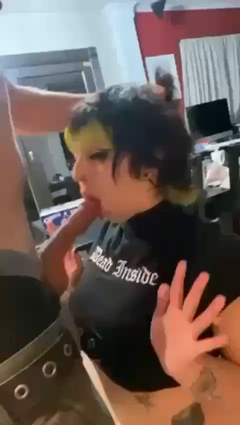 blowjob clothed goth green hair gif