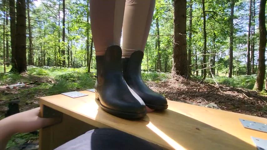 Cock trampling on cockboard with riding boots