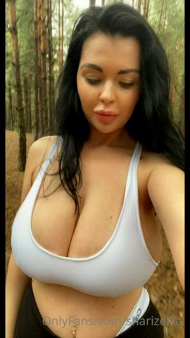 Huge boobs bouncing in white tank top (Sha Rizel)