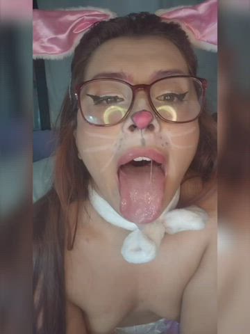 ahegao cosplay costume cute saliva small tits tits gif