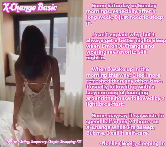 beautiful bed brunette caption cute pajamas pretty silk xchange sissycaption x-change