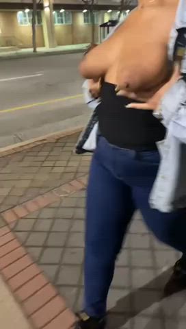 Ebony Ebony Couple Flashing Public Tits gif