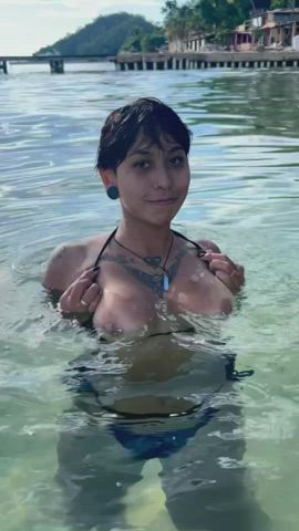 beach boobs brunette exhibitionist underwater gif