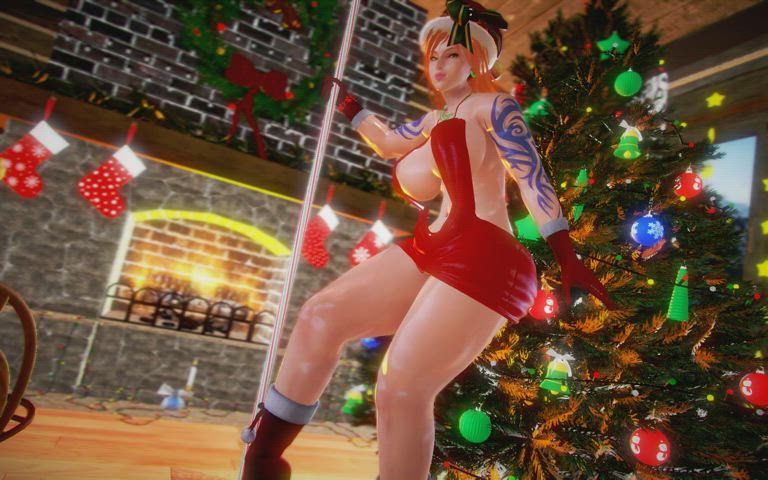 3d animation big tits christmas muscular girl oiled pole dance redhead thick gif