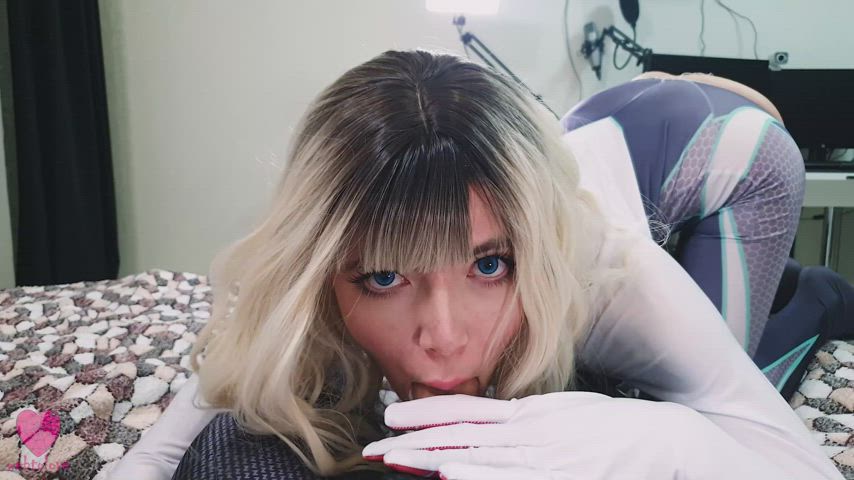 Blonde Blowjob Bodysuit Cosplay Costume Deepthroat Oral Sloppy Sucking gif