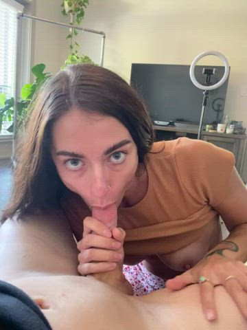 blowjob blue eyes brunette eye contact pov sucking gif