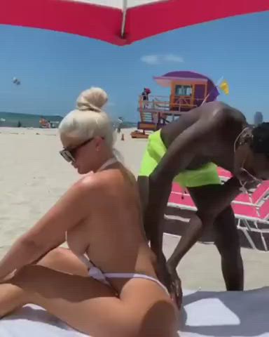beach bikini blonde interracial massage micro bikini oil oiled stranger gif