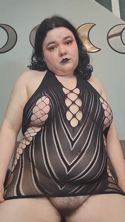 How about you tear my fishnet dress off and fuck my chubby hairy pussy?