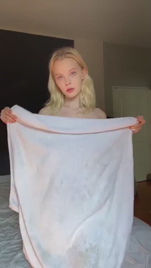 blonde naked surprise towel gif