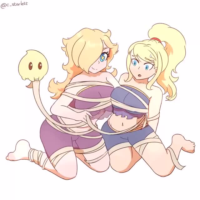 Rosalina & Samus trying out the mummy wraps (Starlett/MissMoonified) [Super Mario/Metroid]