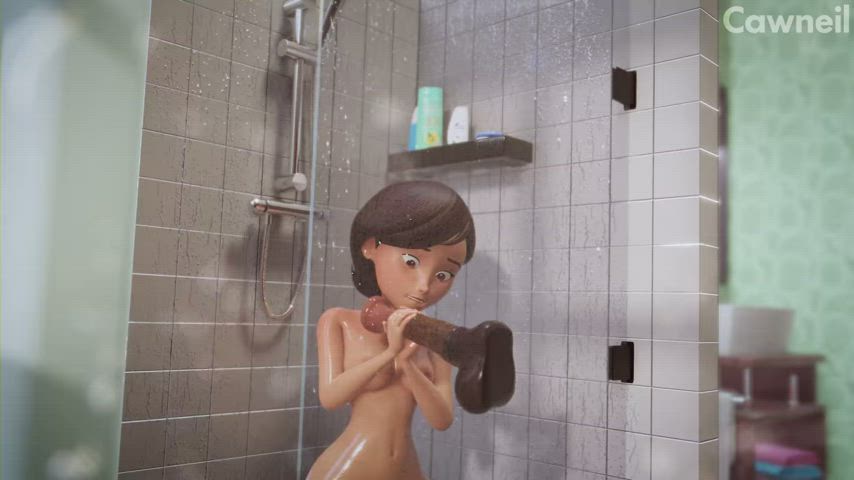 Animation Dildo Grinding MILF Nipple Play Sex Toy Shower Wet gif