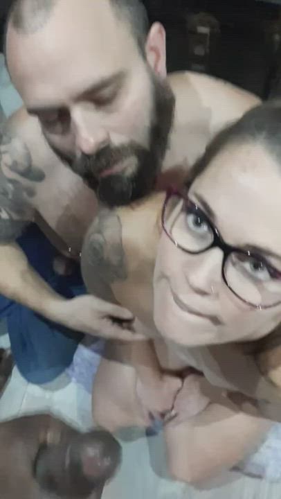 BBC Balls Sucking Cuckold Double Blowjob Gay Humiliation Sucking White Girl gif