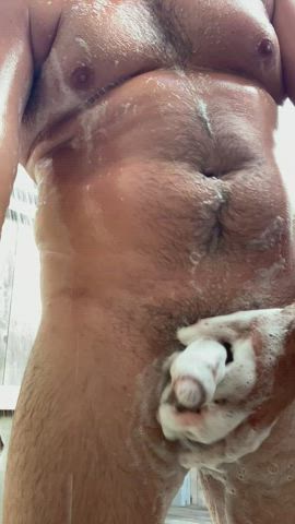 big balls bull dad shower soapy thick cock uncut gif