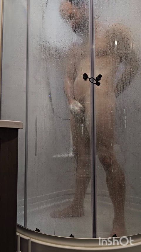 big dick cut cock male masturbation masturbating shower soapy thick cock gif